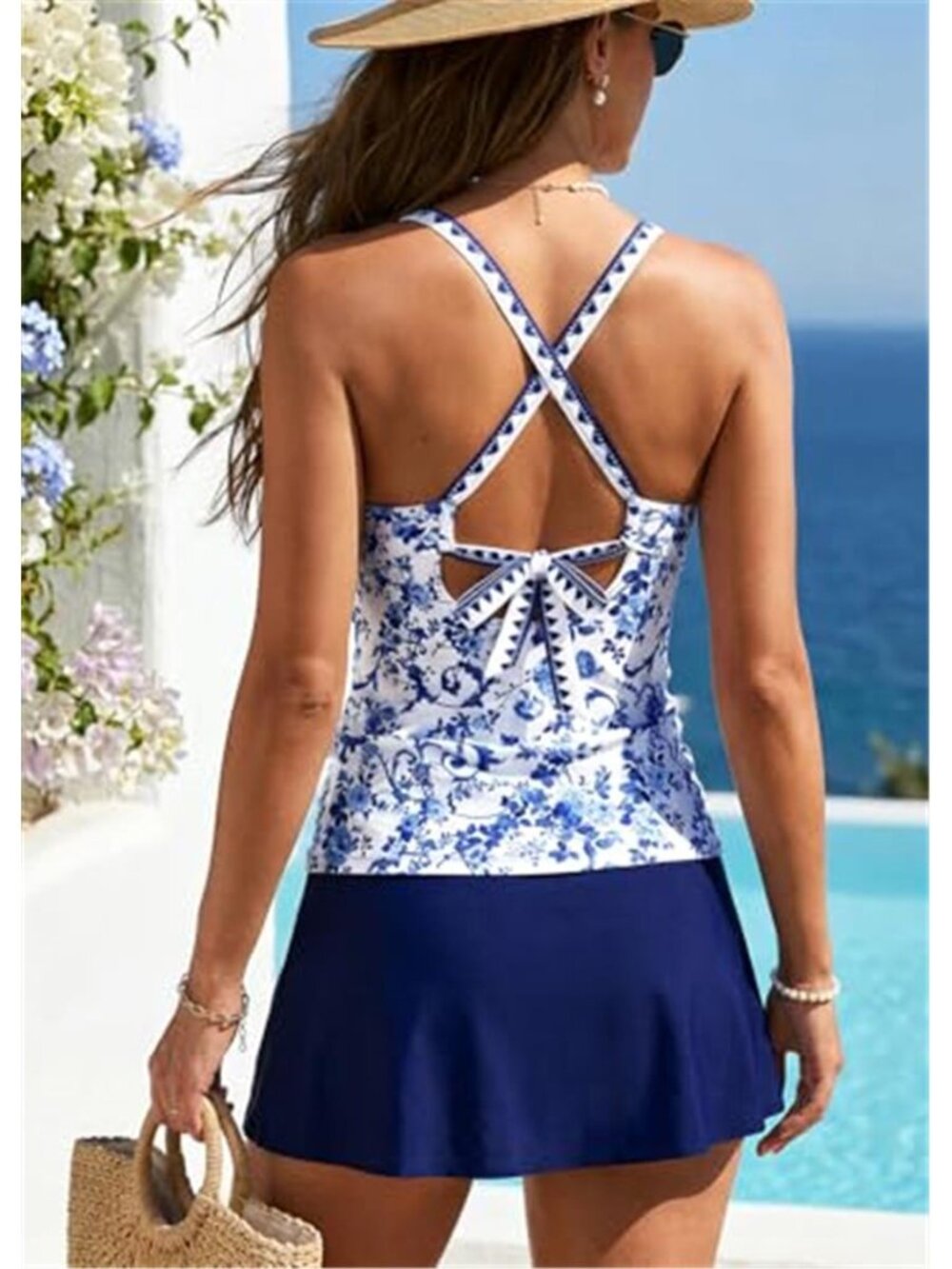 Womens Tankini Swimsuit Tummy Control Swim Dress Two Piece Bathing Suit - Picture 3 of 6